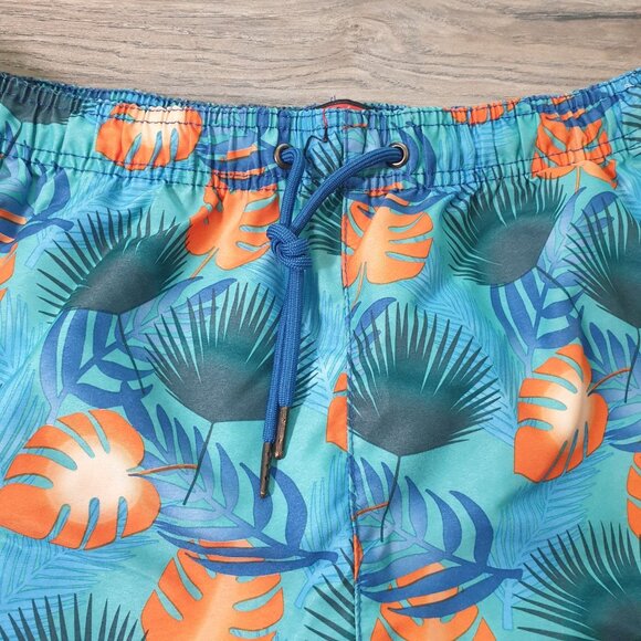 Men Large Party Sharks Swim Trunk Tropical Leaf Print Blue Orange Beach Vacation - Picture 4 of 7